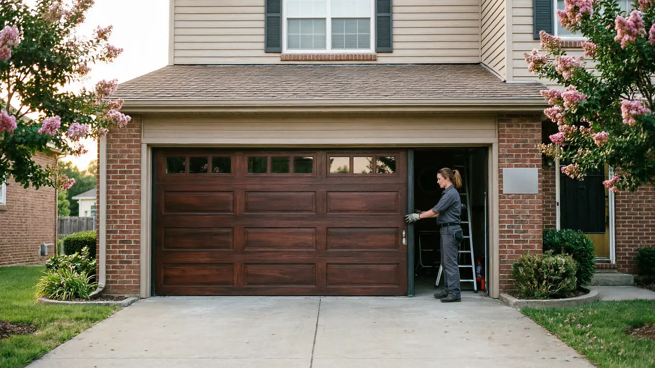 A technician in uniform is working on a brown garage door with windows.
